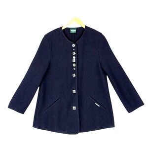 Geiger Austria Ladies Navy Blue Wool  Blazer Jacket Button Down Size 38 (M)
